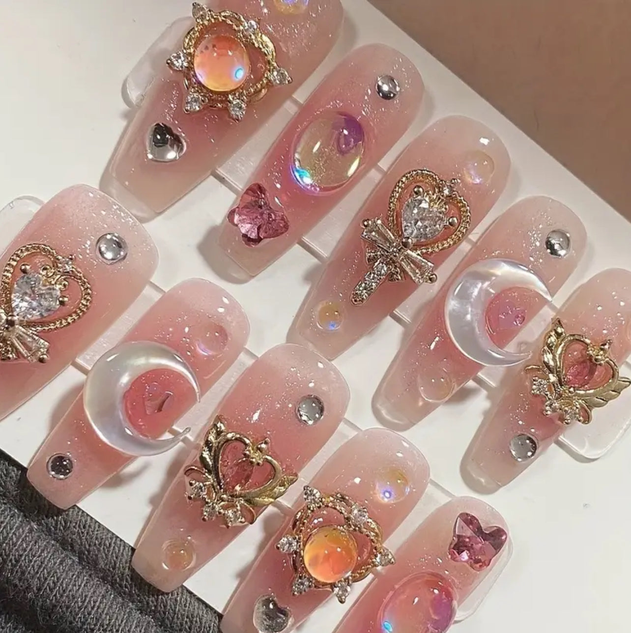 Unique Ballet Pink Shimmer Press-On with Gems✨💎