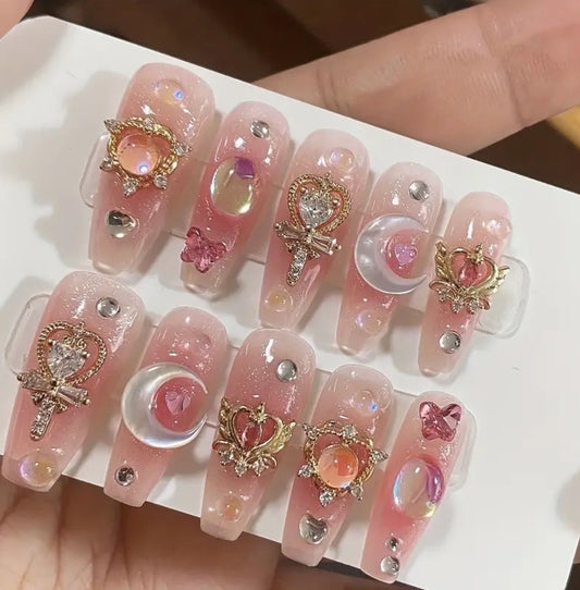 Unique Ballet Pink Shimmer Press-On with Gems✨💎