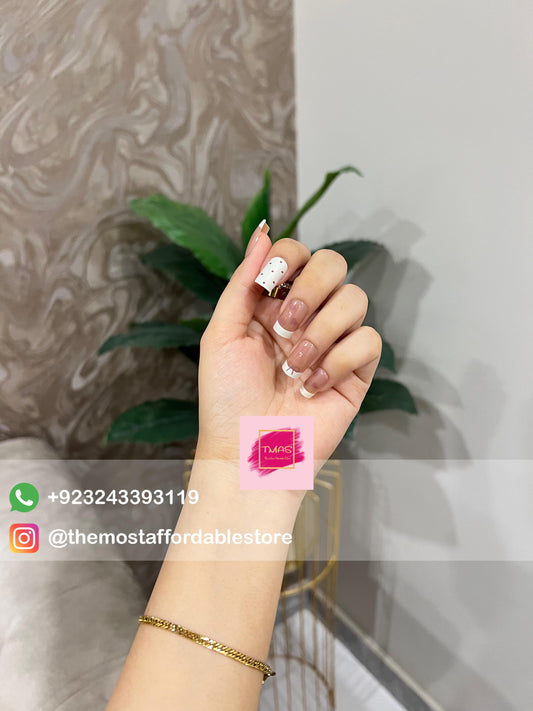 Chic French-Inspired Press-On Nails with Heart Design - Glossy Pink & White, medium Square Ballet Shape, Easy to Apply and remove